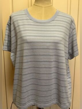 L.L. Bean Vintage Blue Yellow Stripe Shirt Top-Crew Neck-Short Sleeve-Cotton-XL